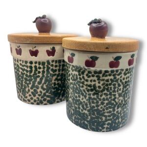Vintage 90’s Country Apple Green Spongeware Stoneware Crocks/Canisters-set of 2